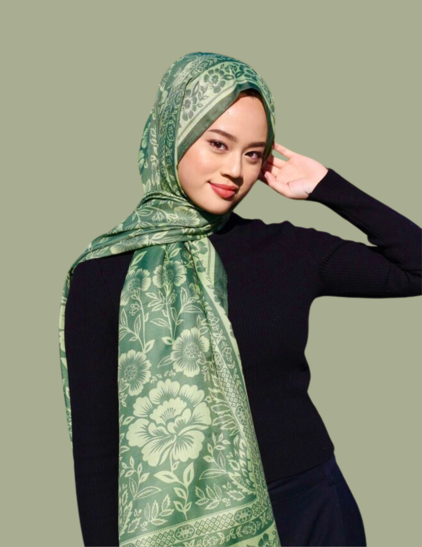 Floral Monochrome Print Hijab - Green