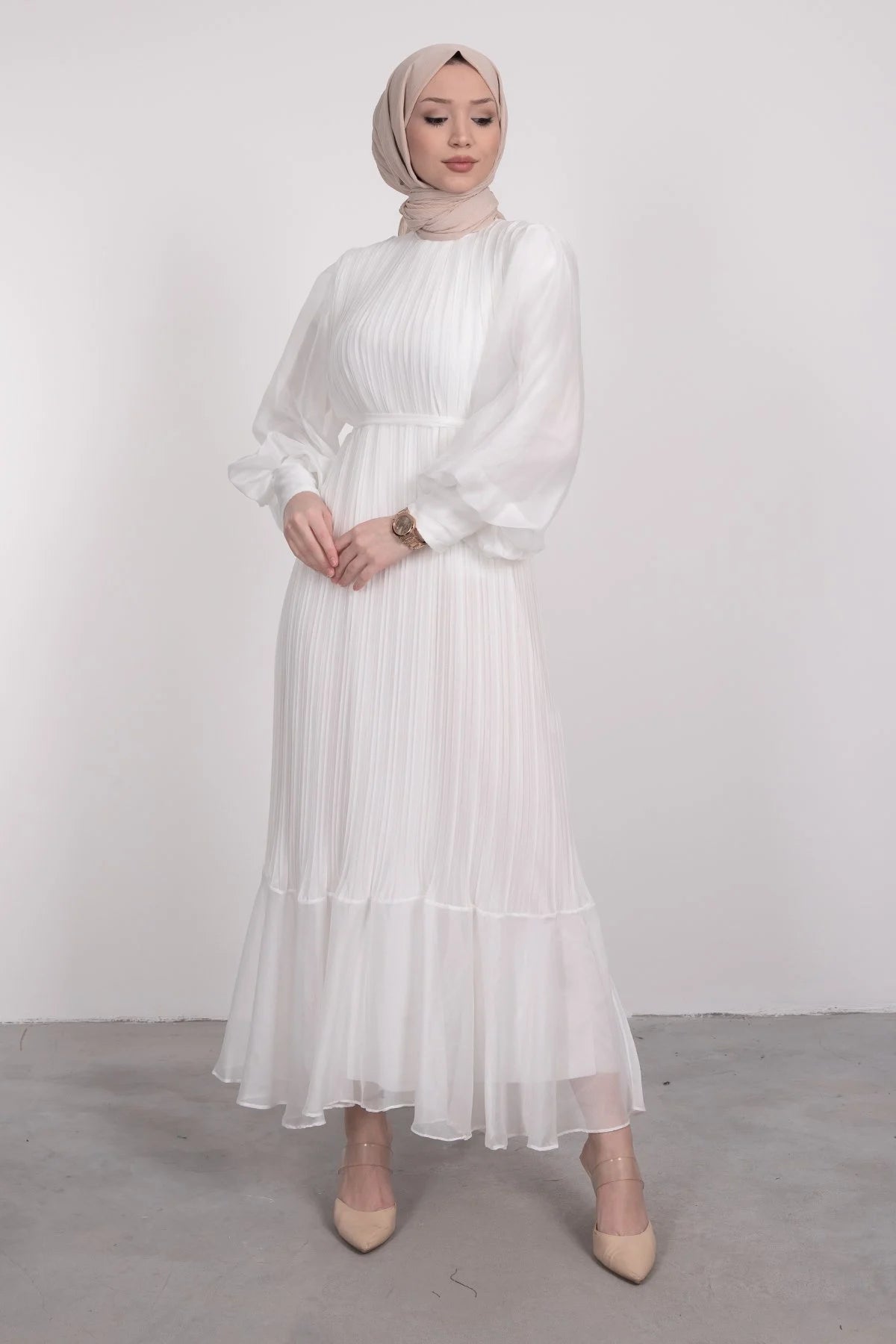 Elegant Pleated Lined Dress - White