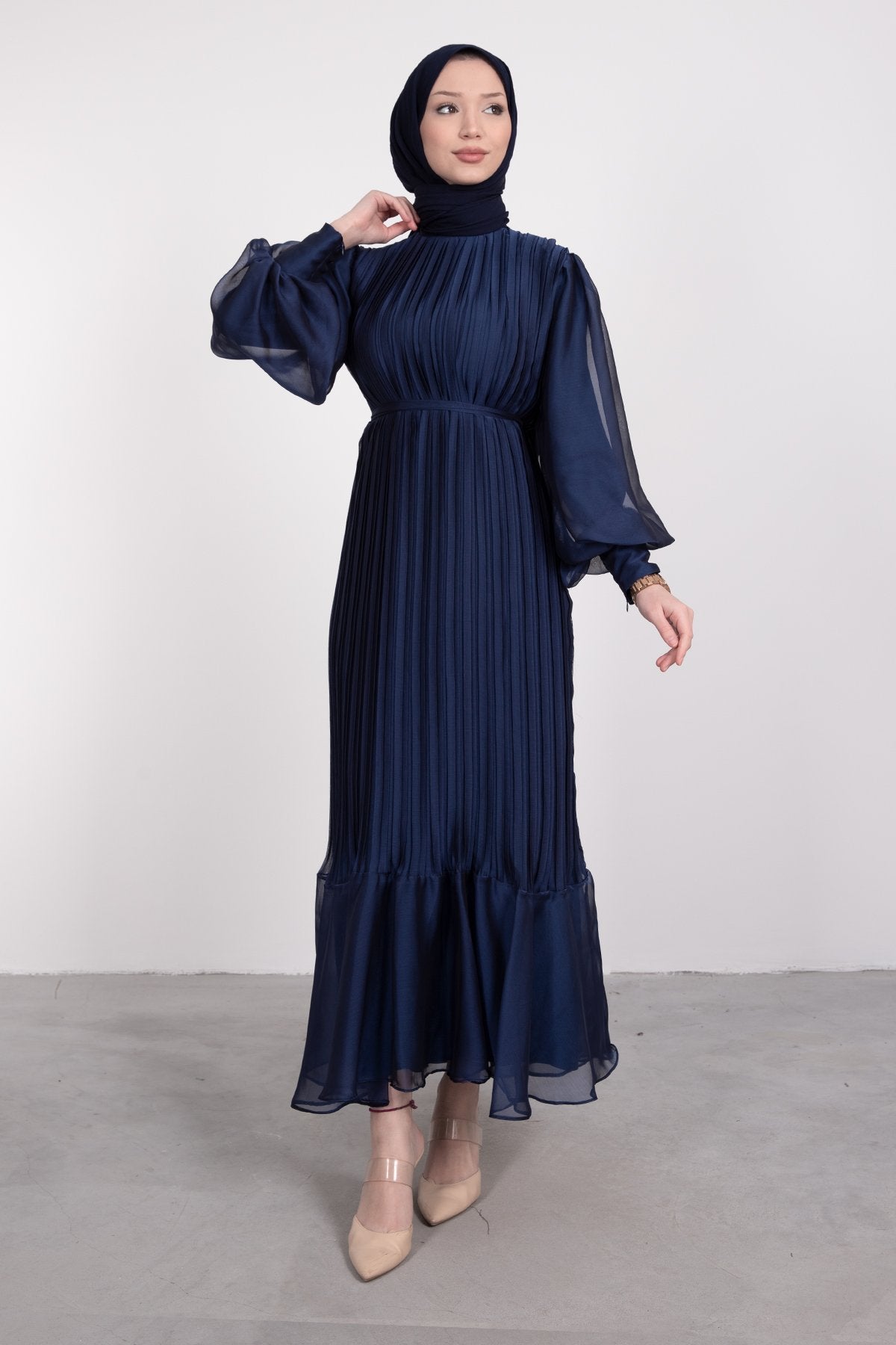 Elegant Pleated Lined Dress - Navy