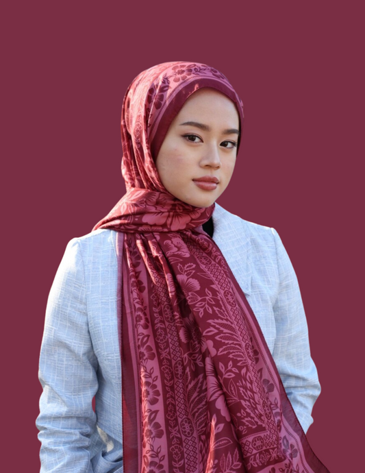 Floral Monochrome Print Hijab - Red