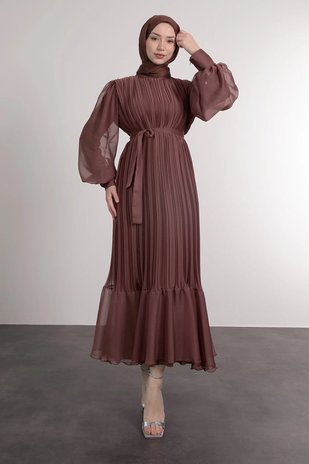 Elegant Pleated Lined Dress - Brown