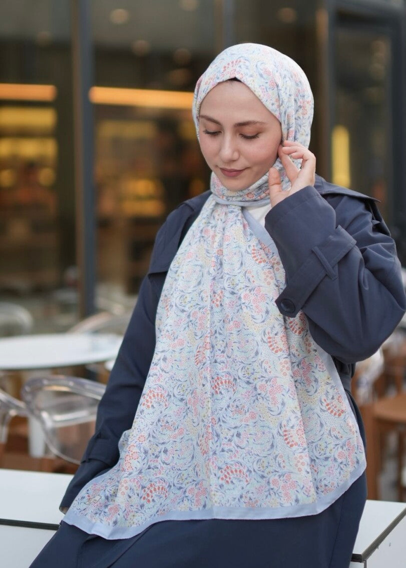 Dainty Floral Print Hijab - Baby Blue