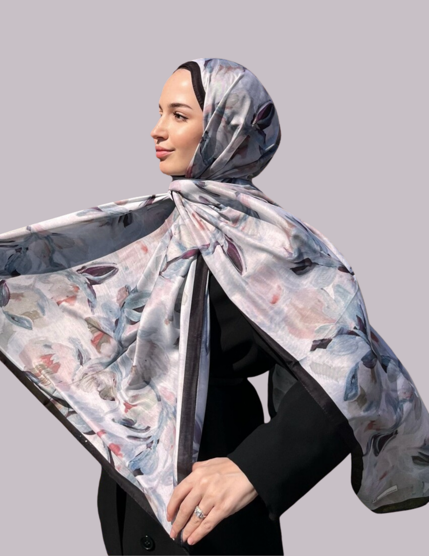 Watercolor Bloom Print Hijab - Black & Gray
