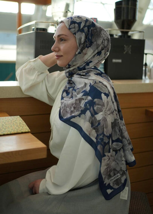 Velvet Bloom Print Hijab - Neutral Navy