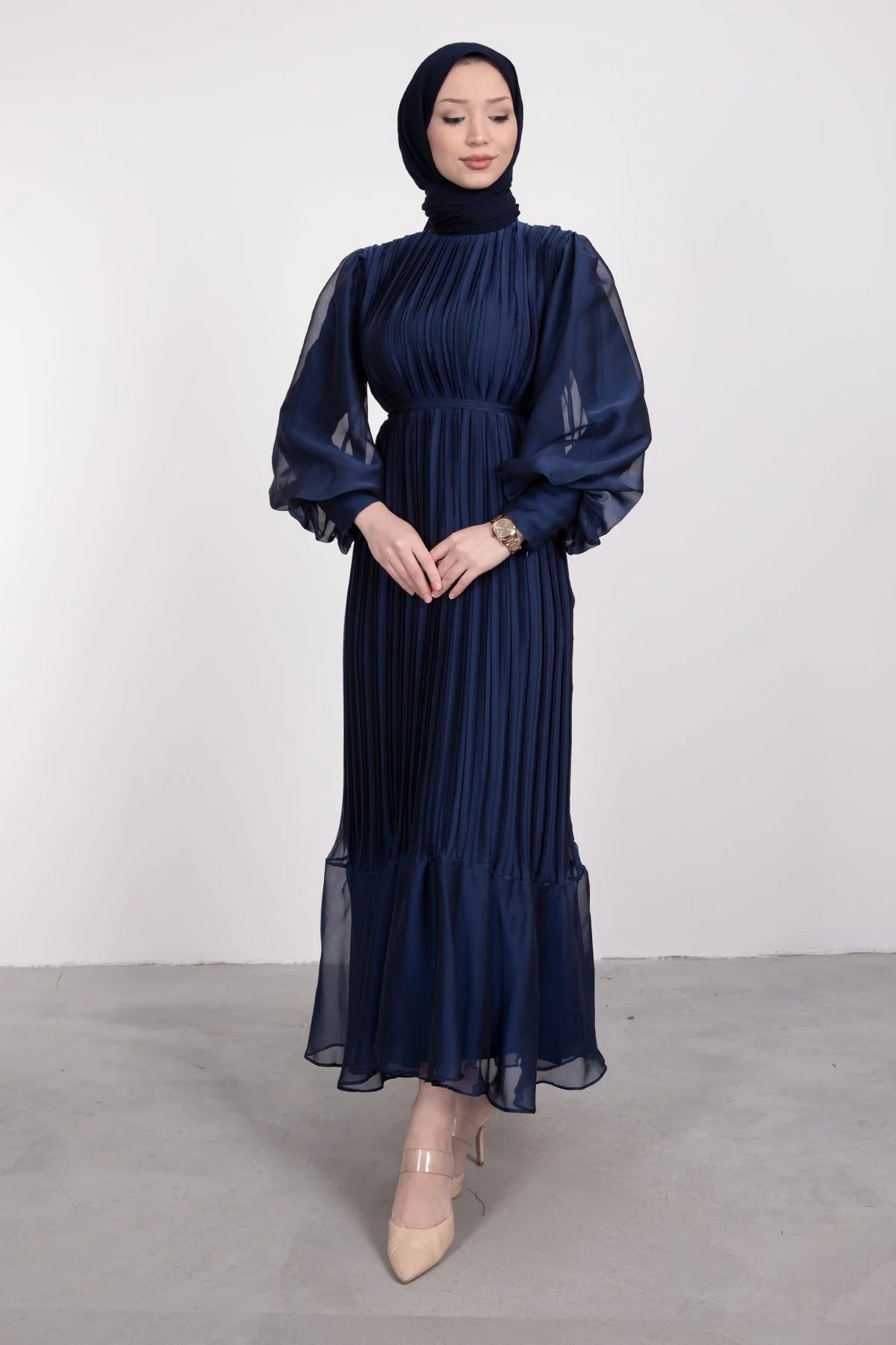 Elegant Pleated Lined Dress - Navy