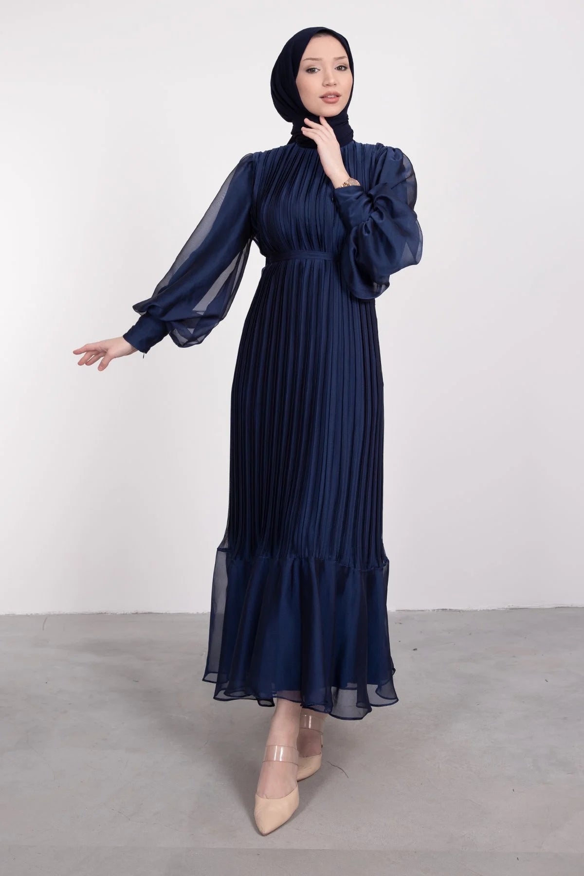 Elegant Pleated Lined Dress - Navy