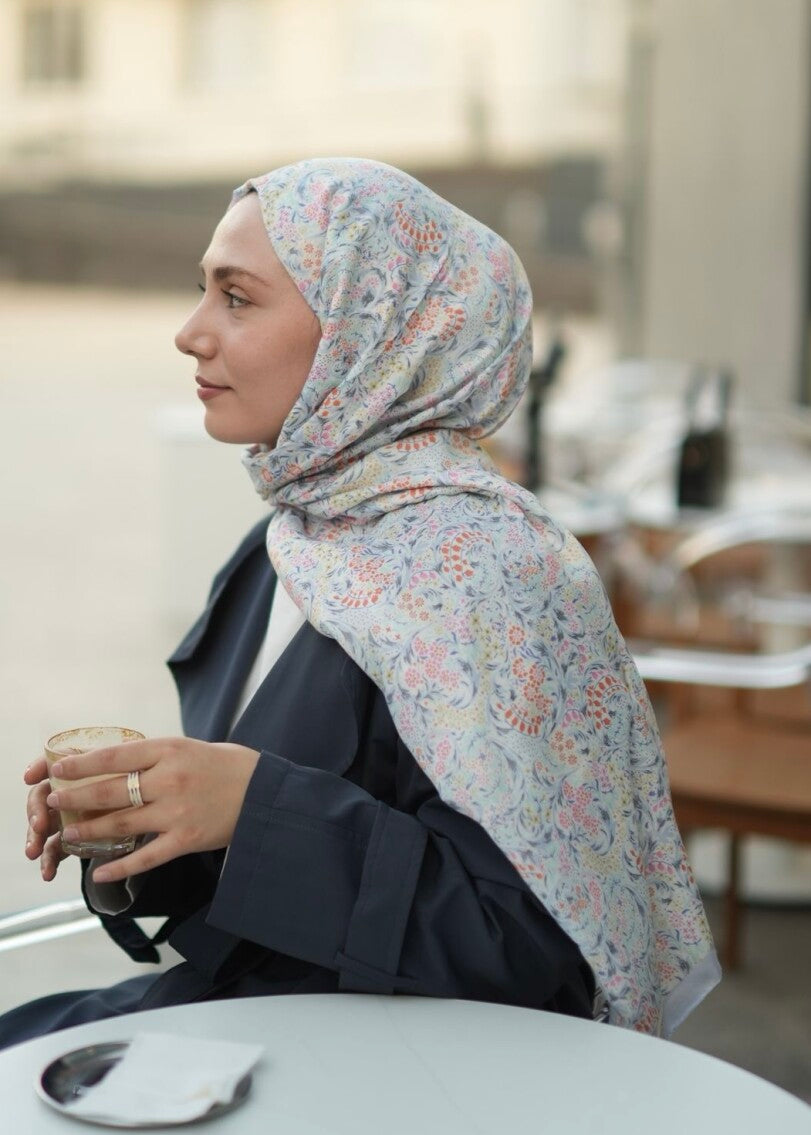 Dainty Floral Print Hijab - Baby Blue
