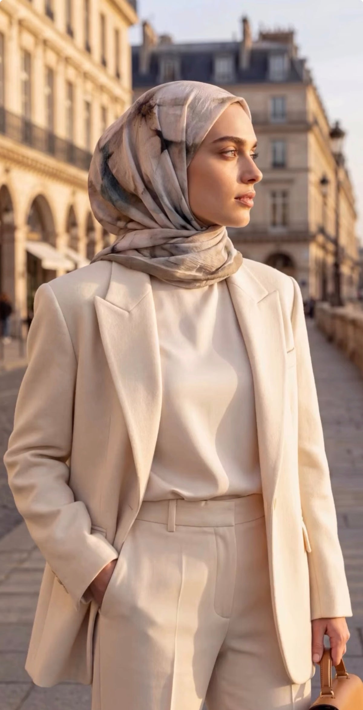 Bamboo Textured Print Hijab - Taupe Border Floral