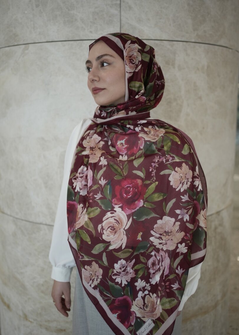 Floral Garden Print Hijab - Burgundy