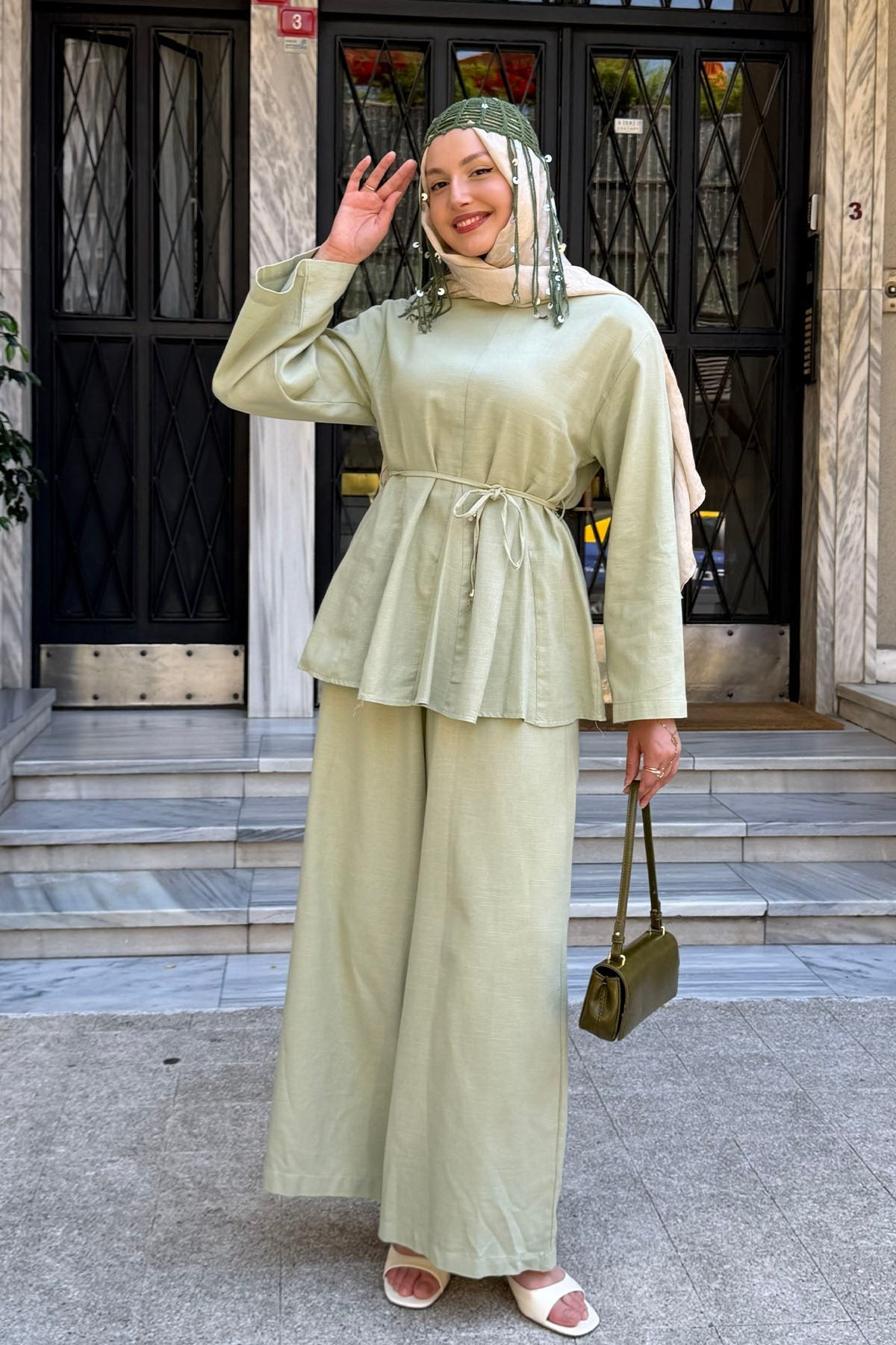 Willow cotton linen set in light green with tie waist, full-length view