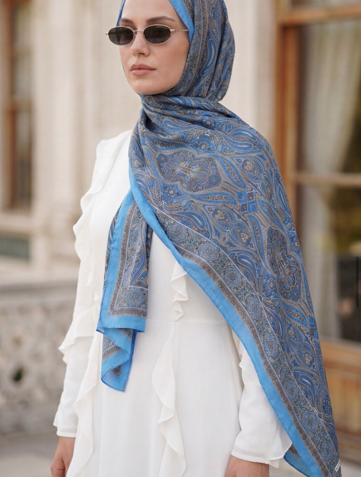 Bamboo Textured Print Hijab - Blue Oriental
