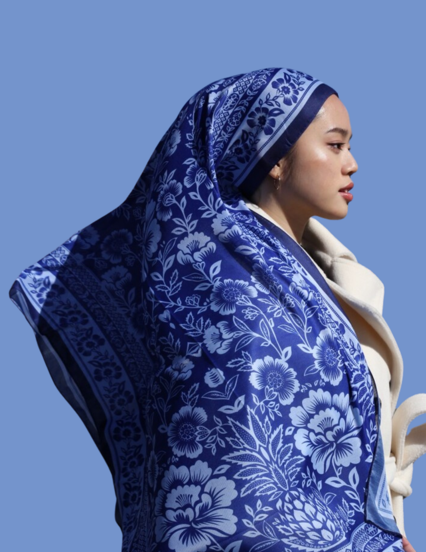 Floral Monochrome Print Hijab - Blue