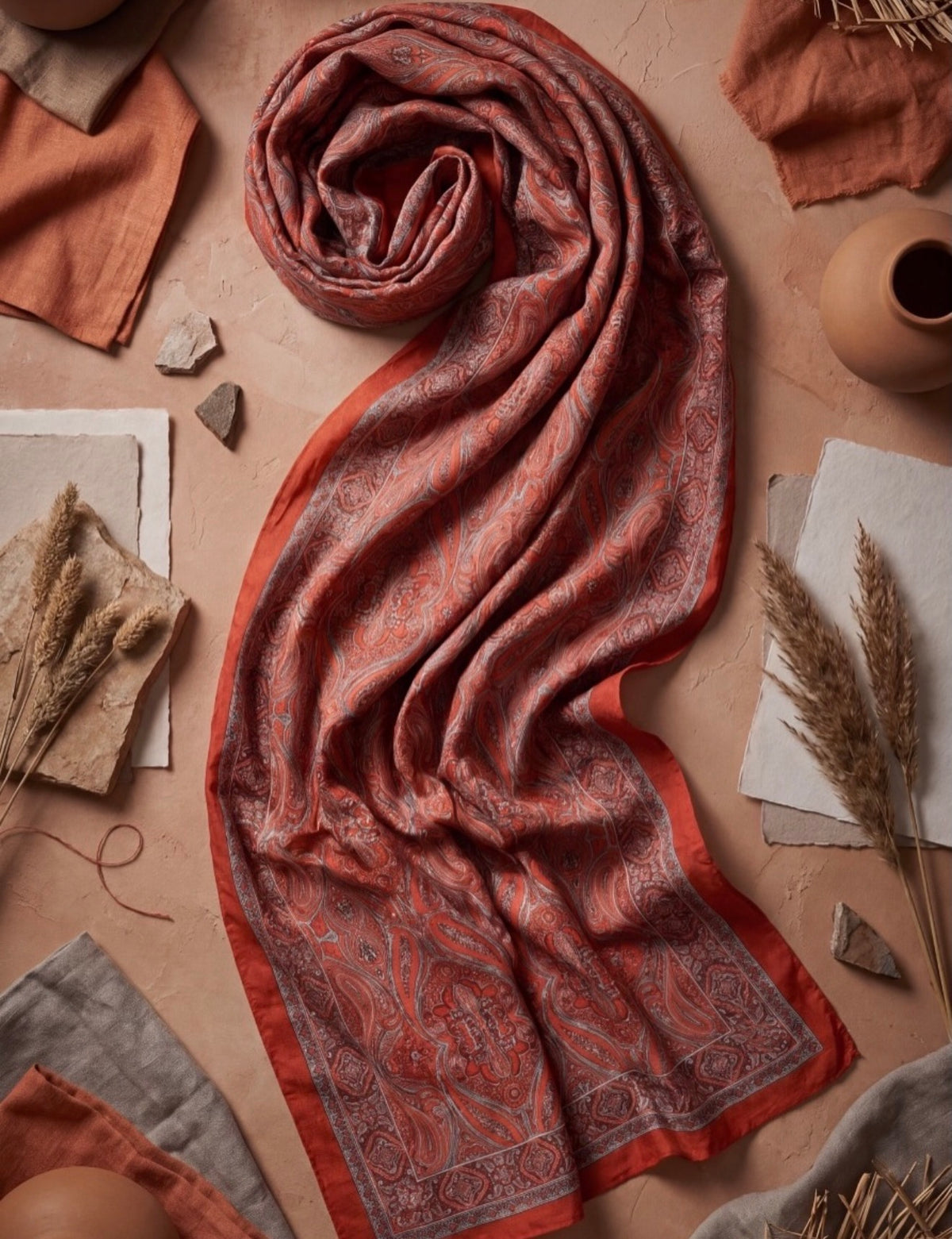 Bamboo Textured Print Hijab - Red Oriental