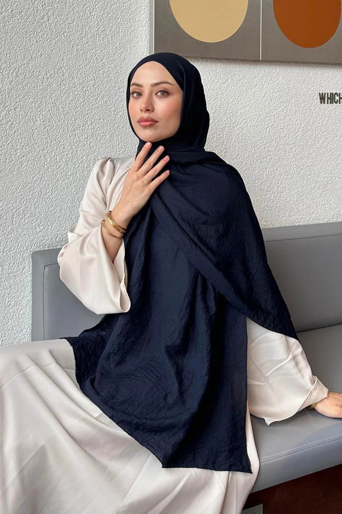 Navy Comfort Cotton Hijab styled with a cream dress, front view