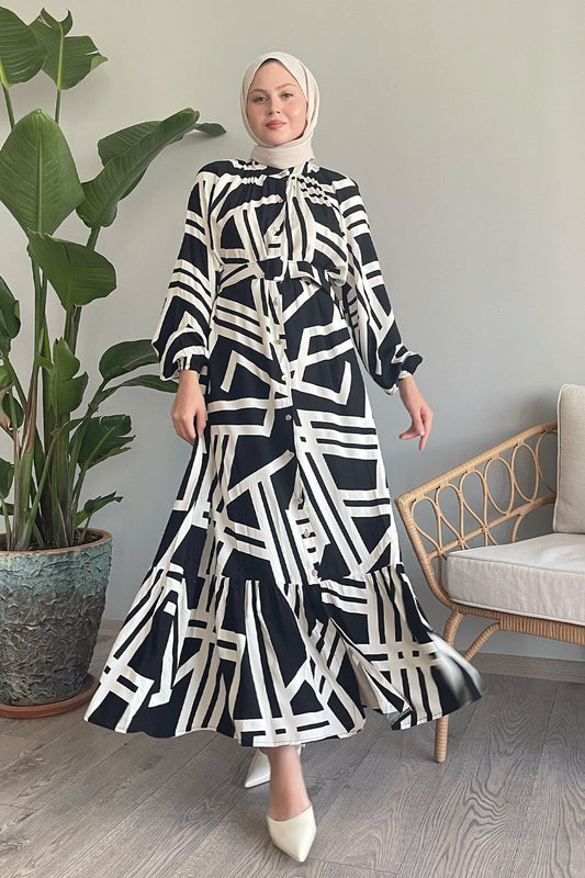 Button & Belt Cotton Dress - B & W