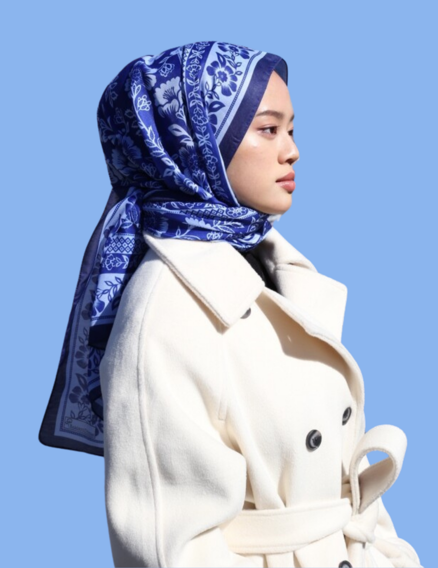 Floral Monochrome Print Hijab - Blue
