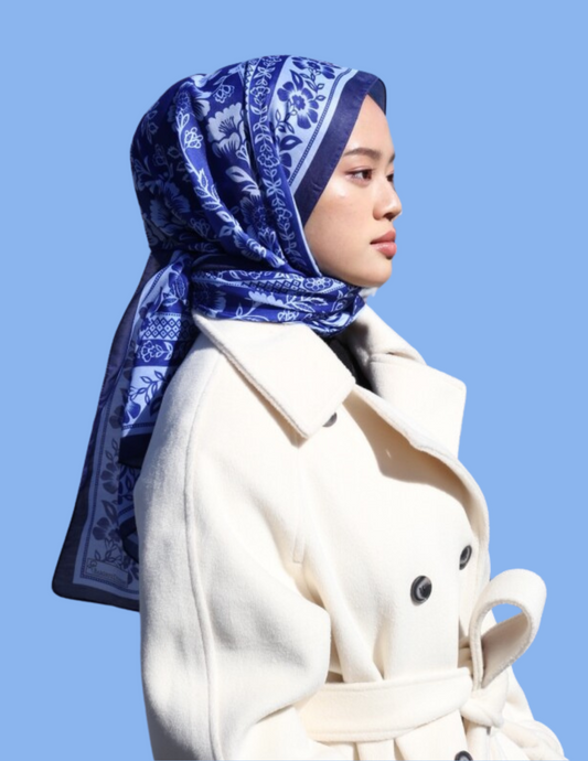 Floral Monochrome Print Hijab - Blue