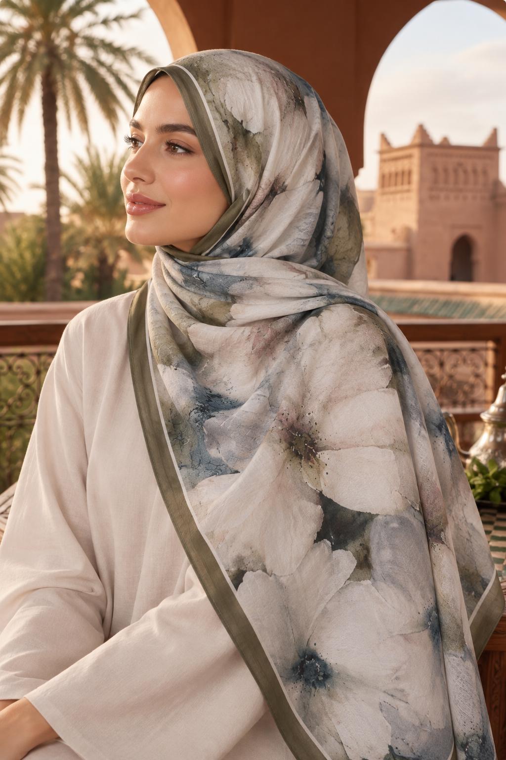 Bamboo Textured Print Hijab - Khaki Border Floral