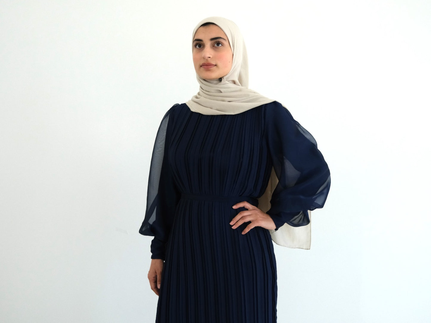 Elegant Pleated Lined Dress - Navy