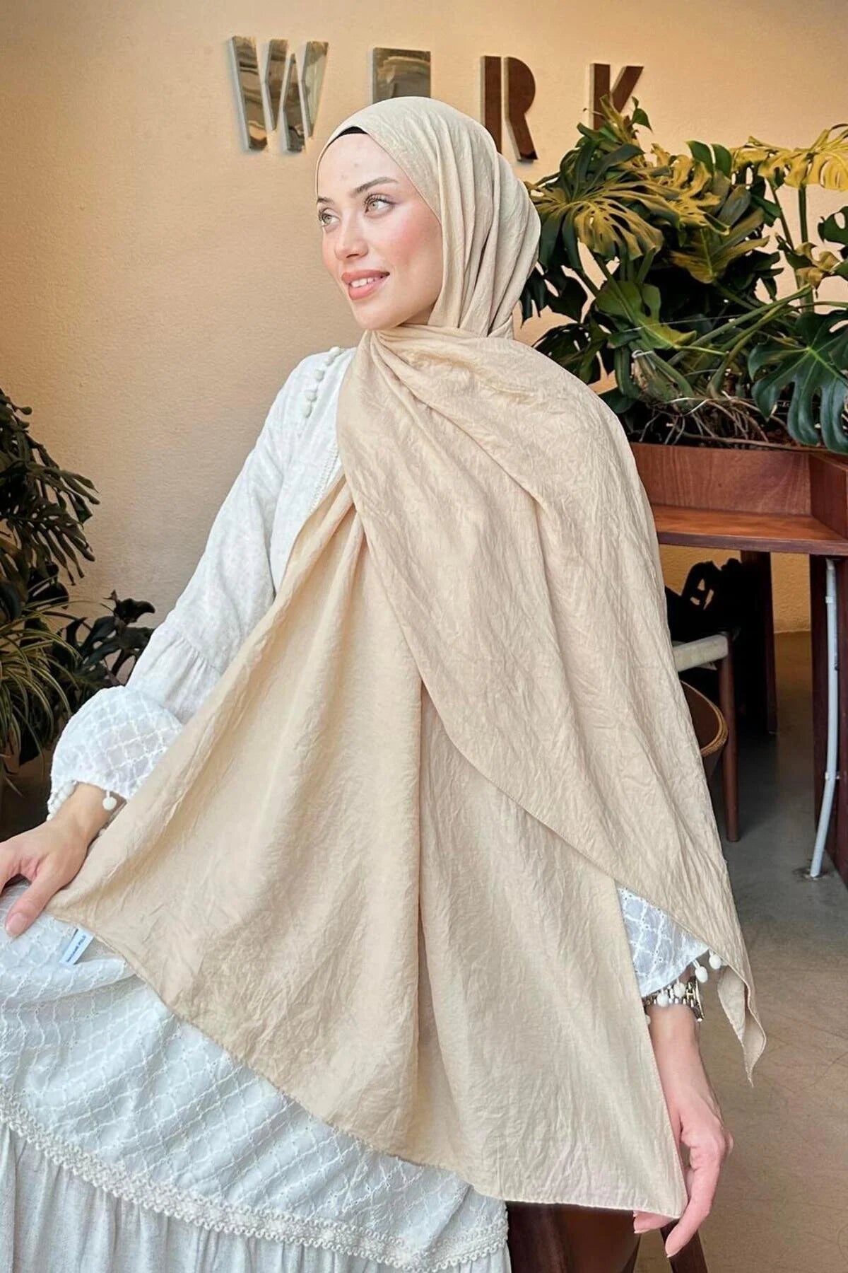 Beige Comfort Cotton Hijab, full-length drape over a white dress