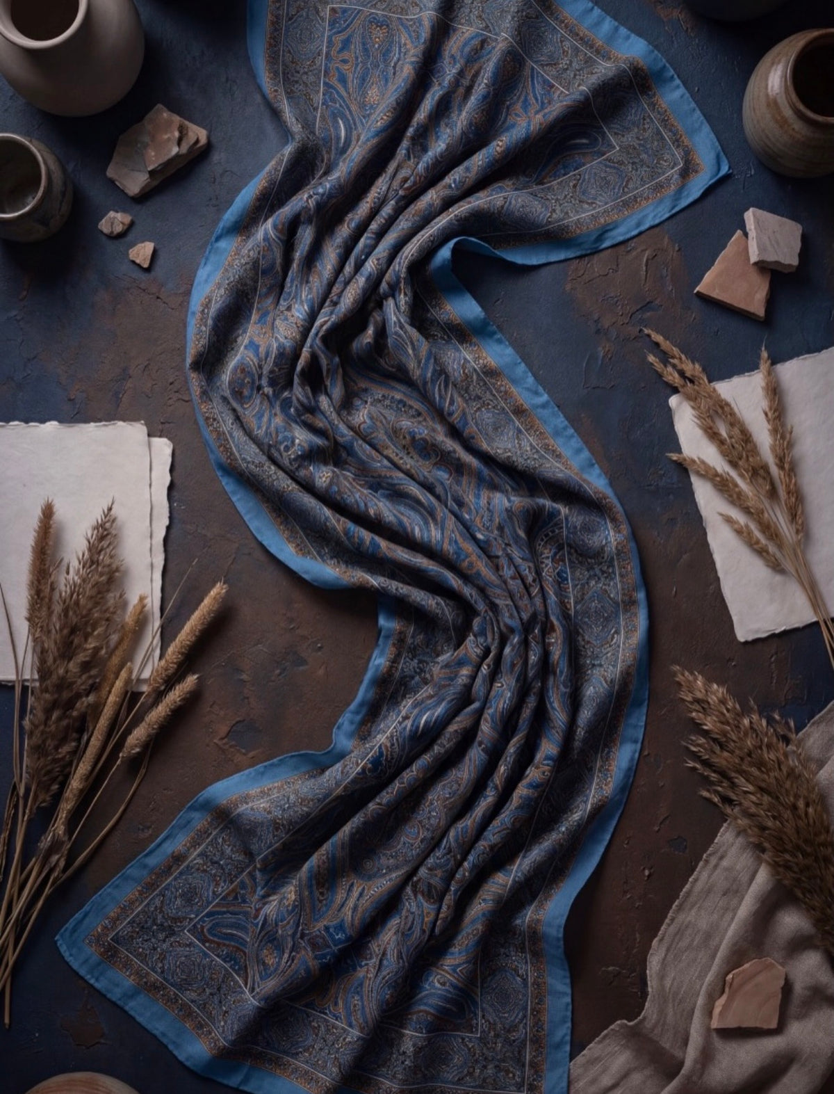 Bamboo Textured Print Hijab - Blue Oriental