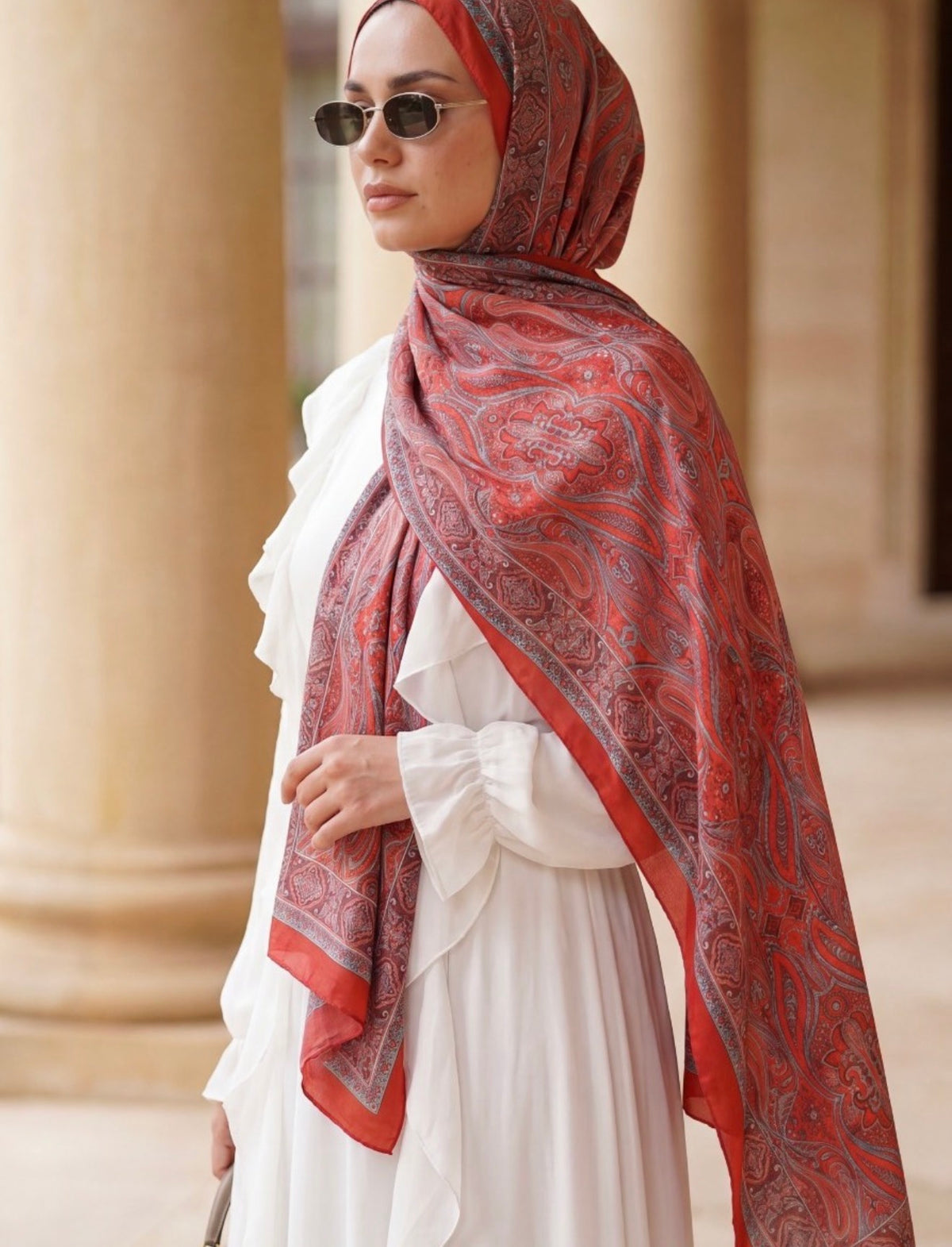 Bamboo Textured Print Hijab - Red Oriental