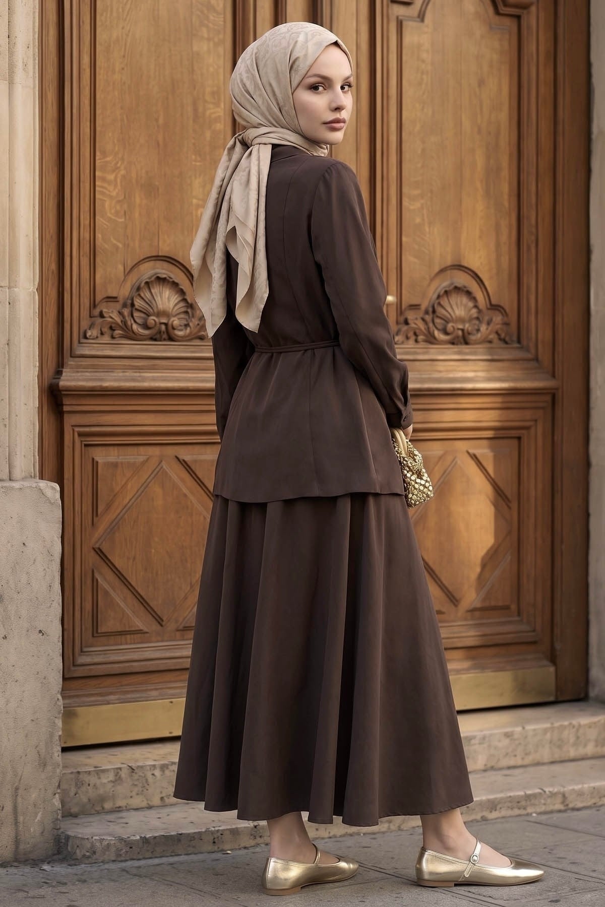 Back view of the Ayla modest skirt set in brown with A-line maxi skirt