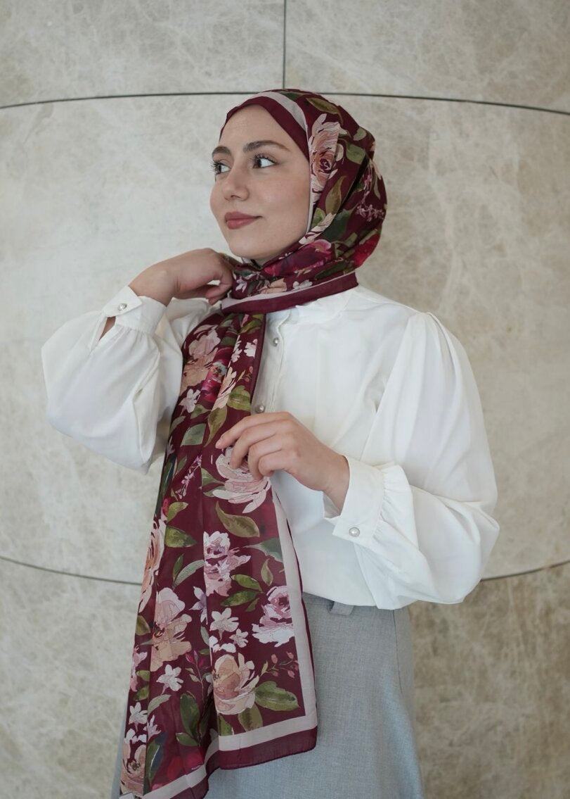 Floral Garden Print Hijab - Burgundy
