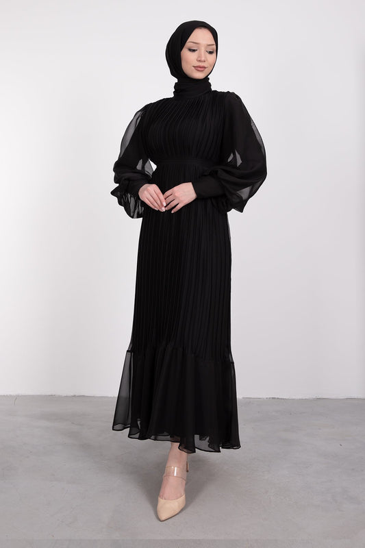 Elegant Pleated Lined Dress - Black