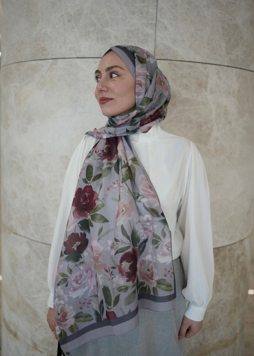 Floral Garden Print Hijab - Gray