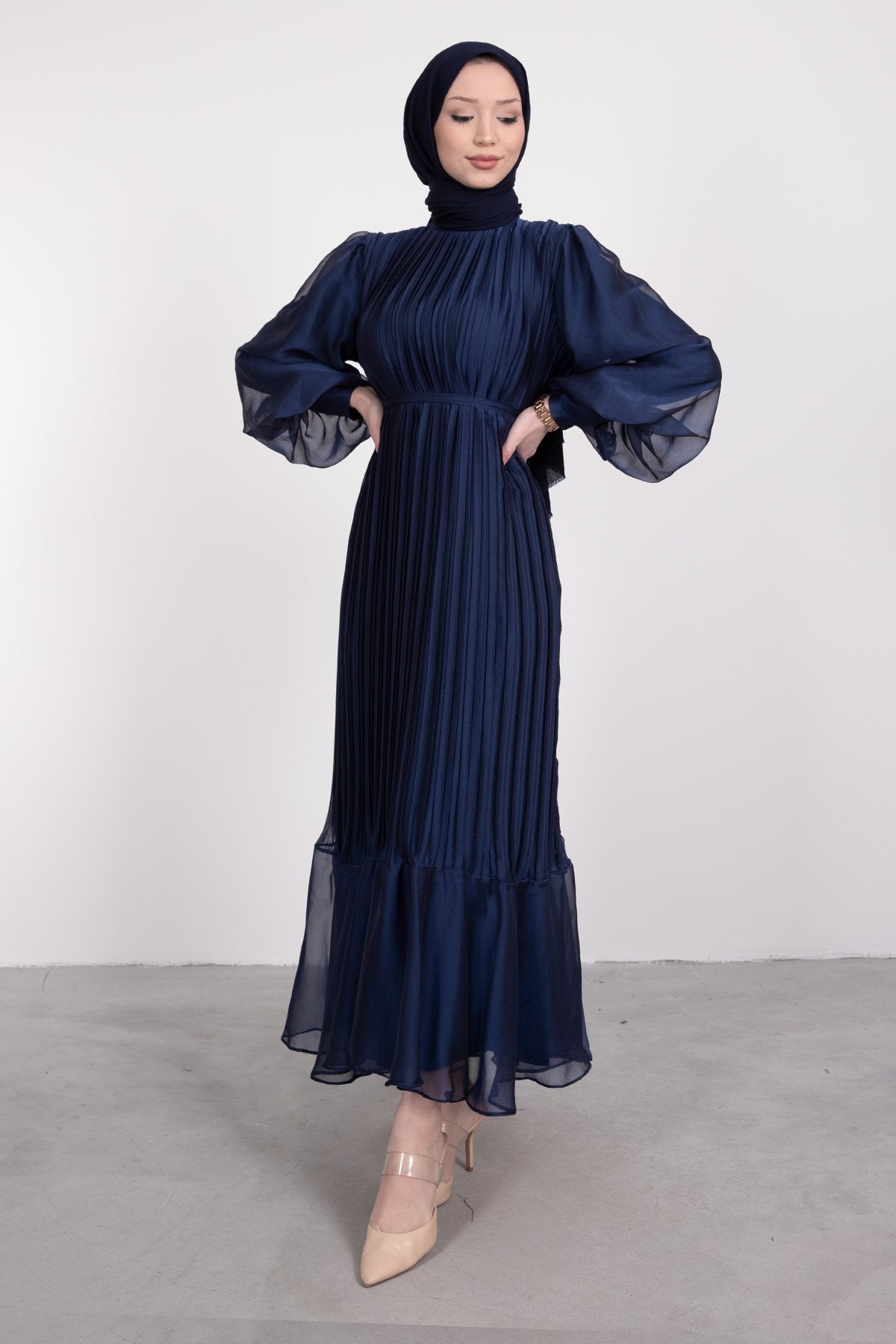 Elegant Pleated Lined Dress - Navy