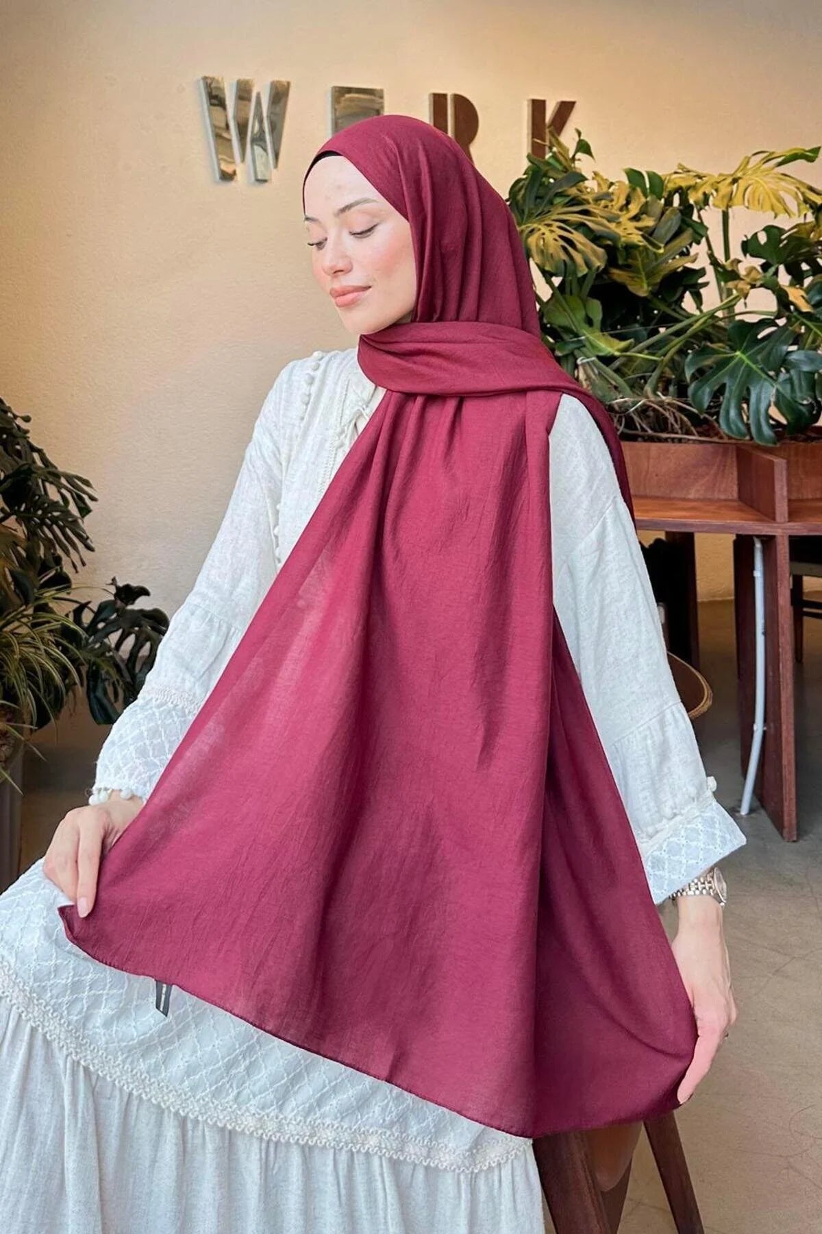Maroon Comfort Cotton Hijab styled with a white dress, showing the soft drape