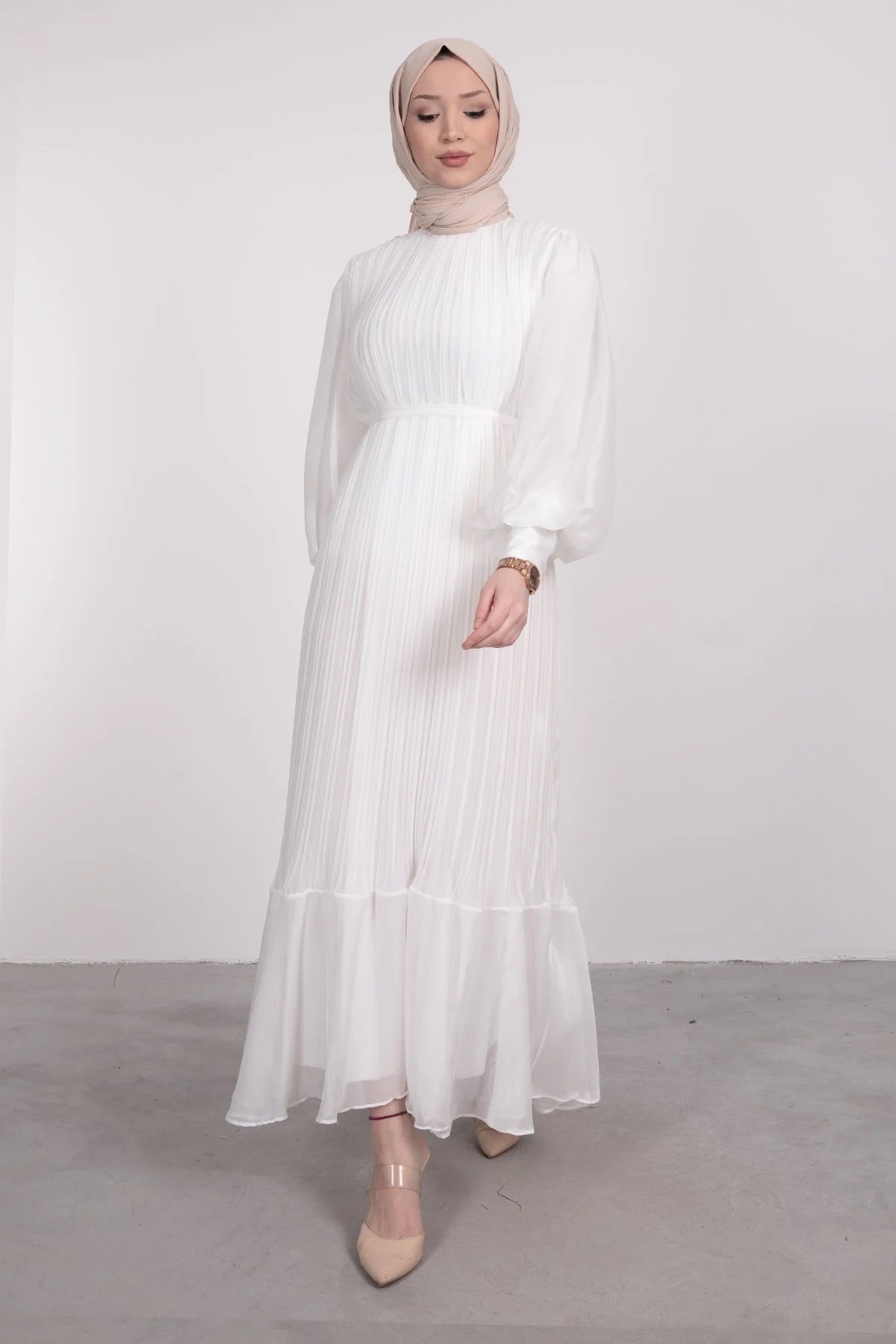 Elegant Pleated Lined Dress - White