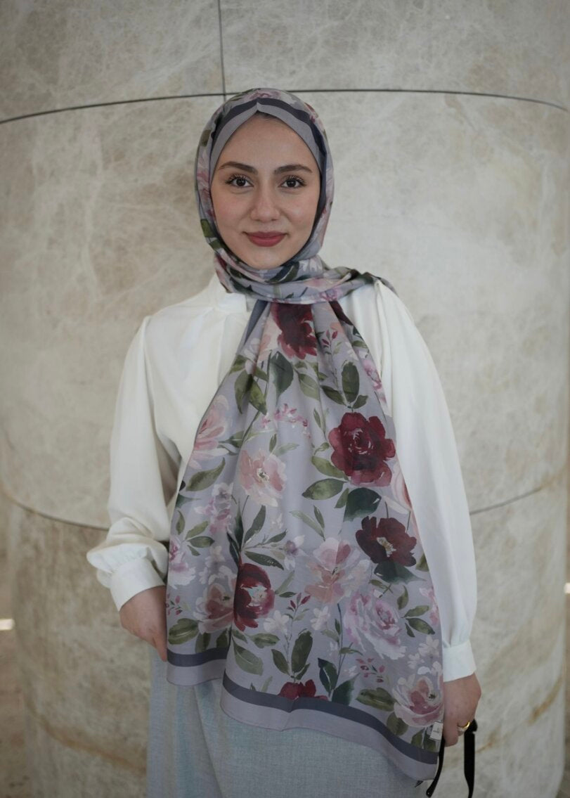 Floral Garden Print Hijab - Gray