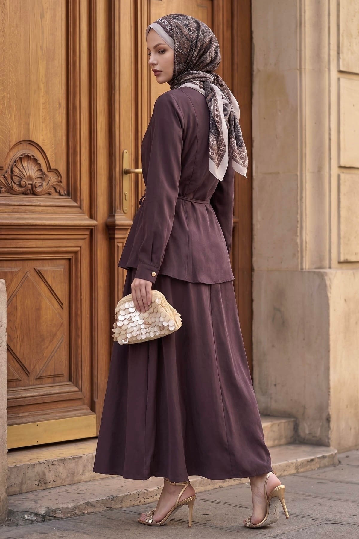 Ayla modest skirt set in burgundy with a printed hijab, side view