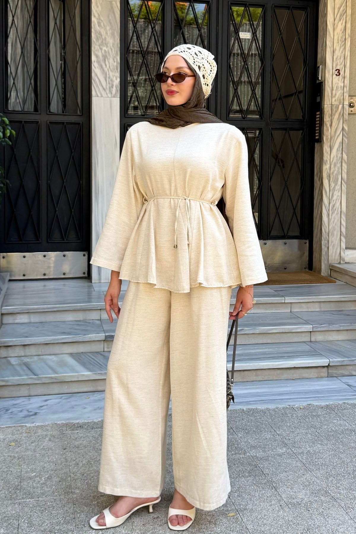 Willow cotton linen set in beige with tie waist and relaxed pants, front view