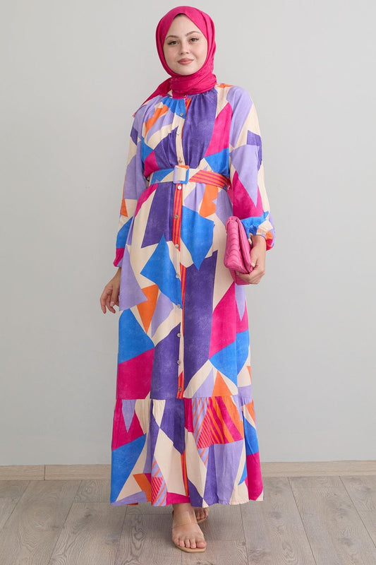 Color Blocks Buttoned Dress - Purple