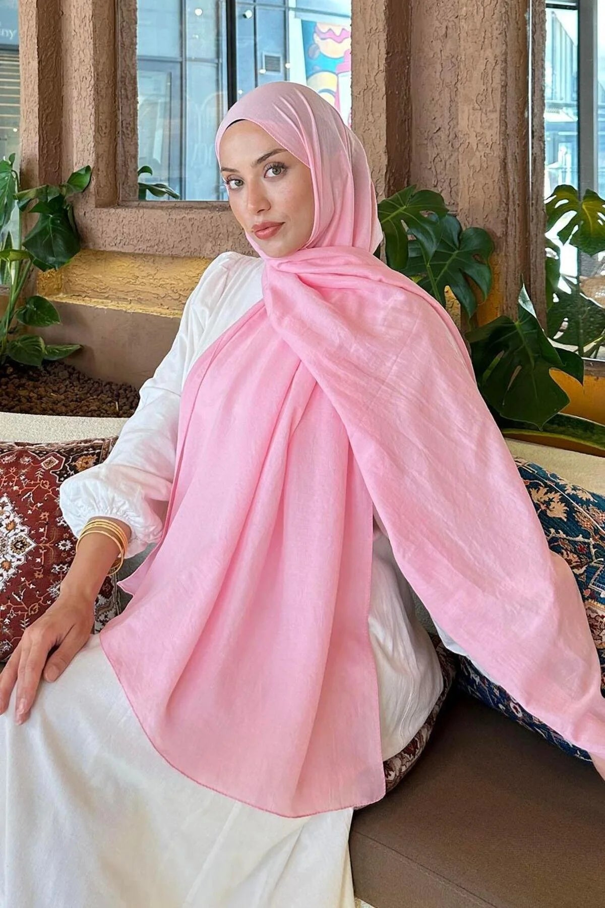 Pink Comfort Cotton Hijab styled with a white dress, side view