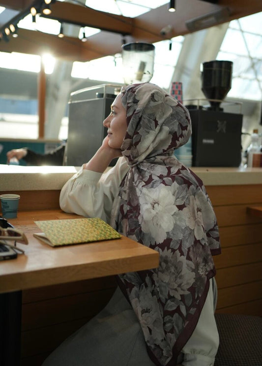Velvet Bloom Print Hijab - Maroon