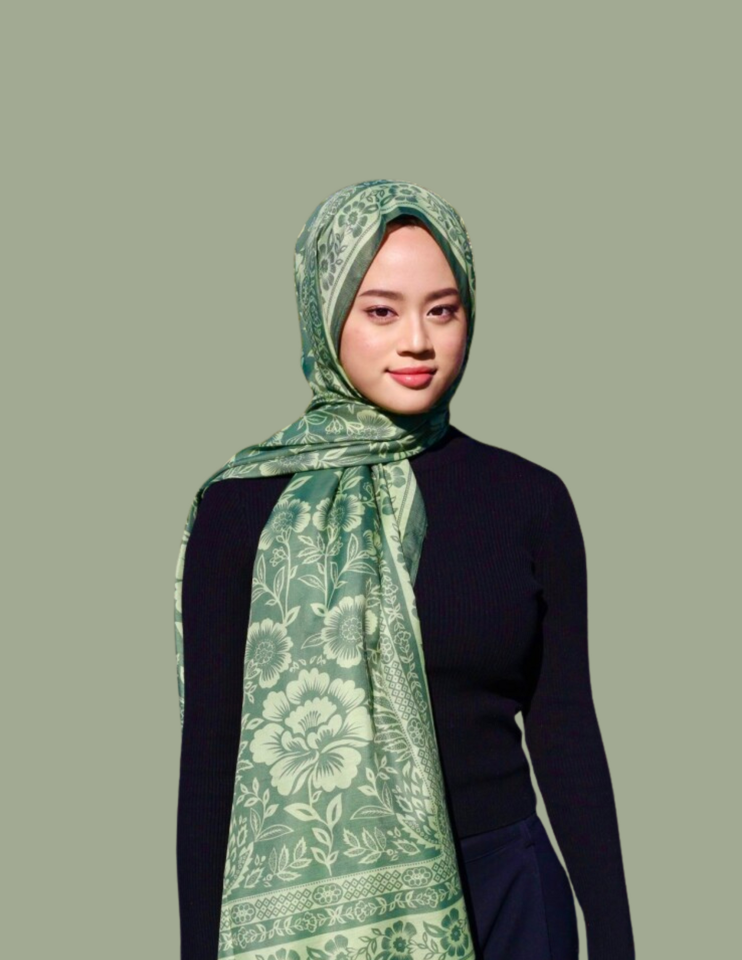 Floral Monochrome Print Hijab - Green