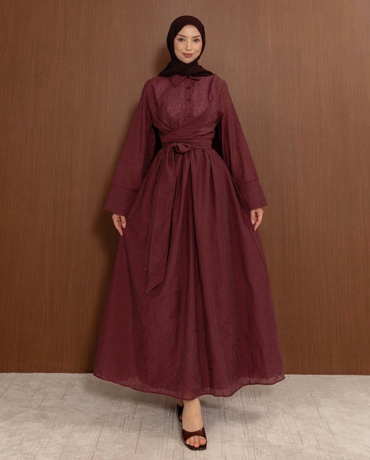 Full-length front view of the MODESTIQUE Fleur Wrap Dress in Maroon, tied at the waist.