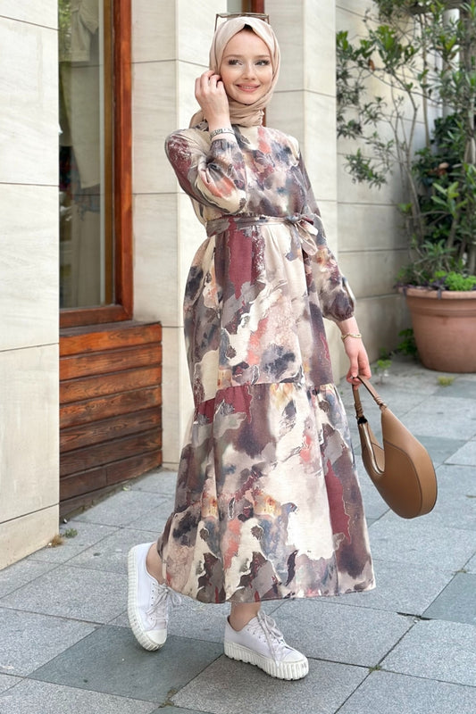 Watercolor Print Linen Dress