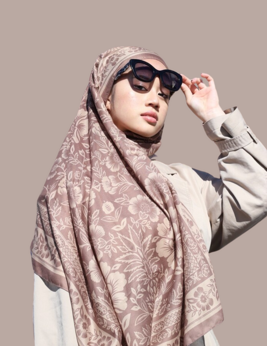 Floral Monochrome Print Hijab - Latte