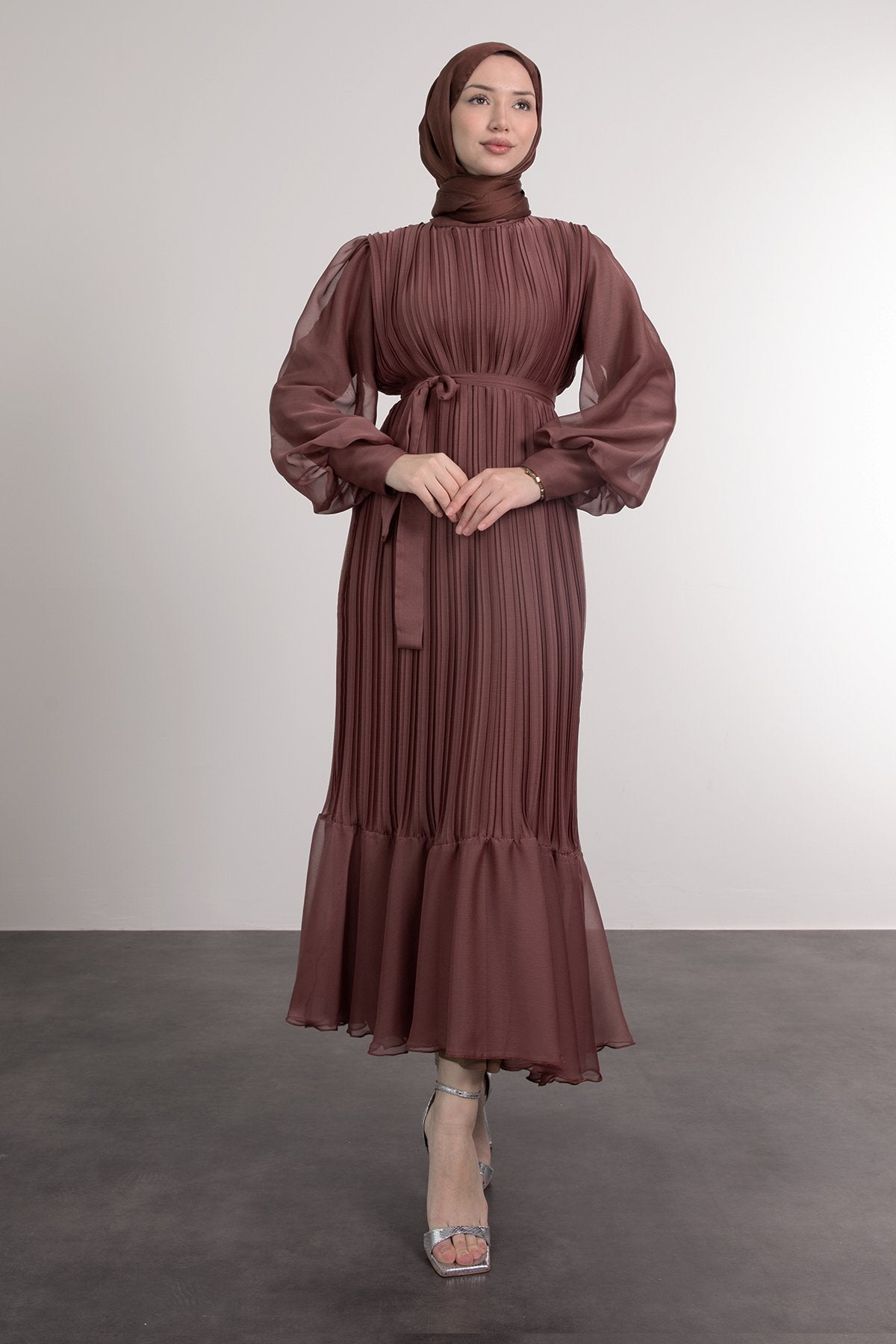 Elegant Pleated Lined Dress - Brown