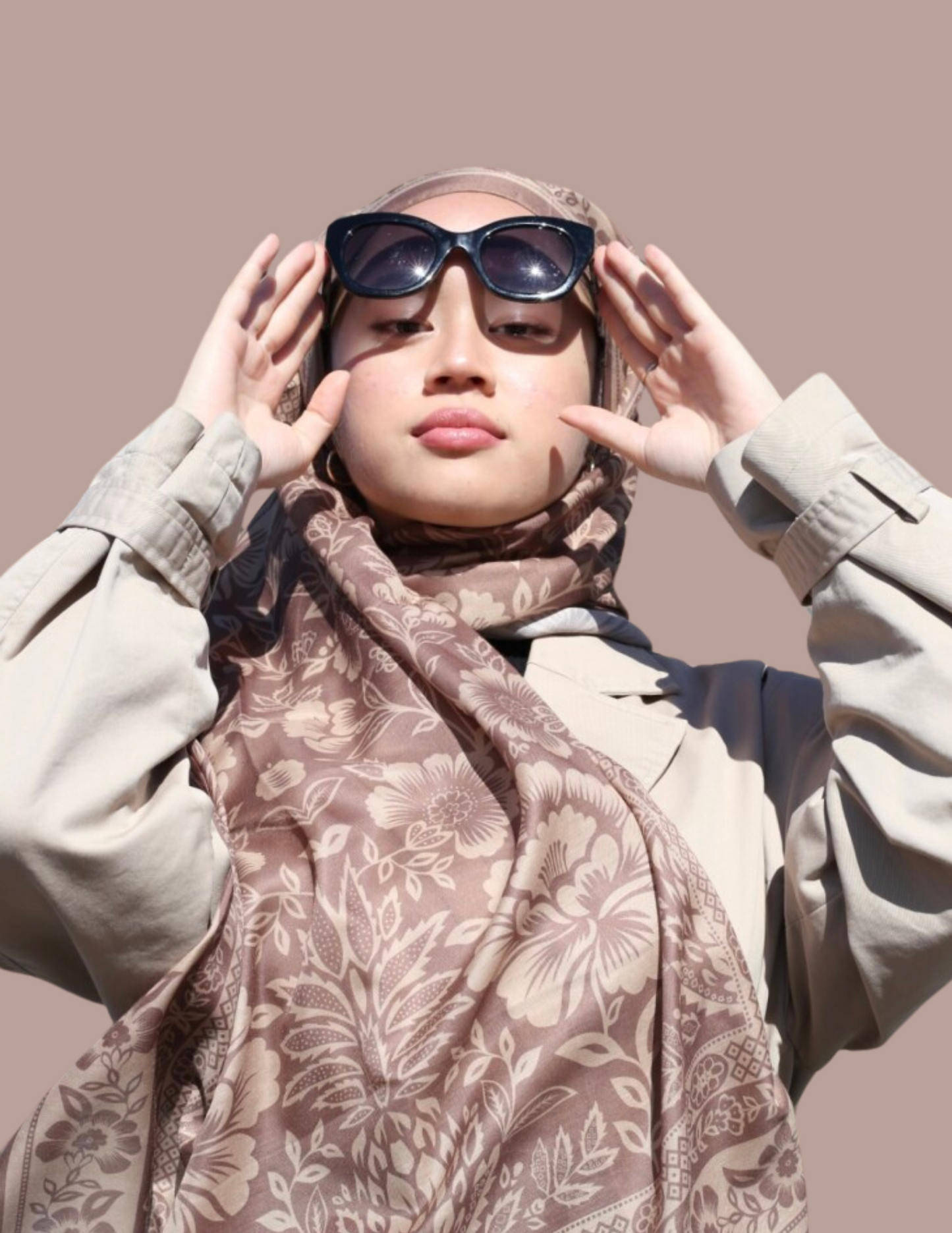 Floral Monochrome Print Hijab - Latte