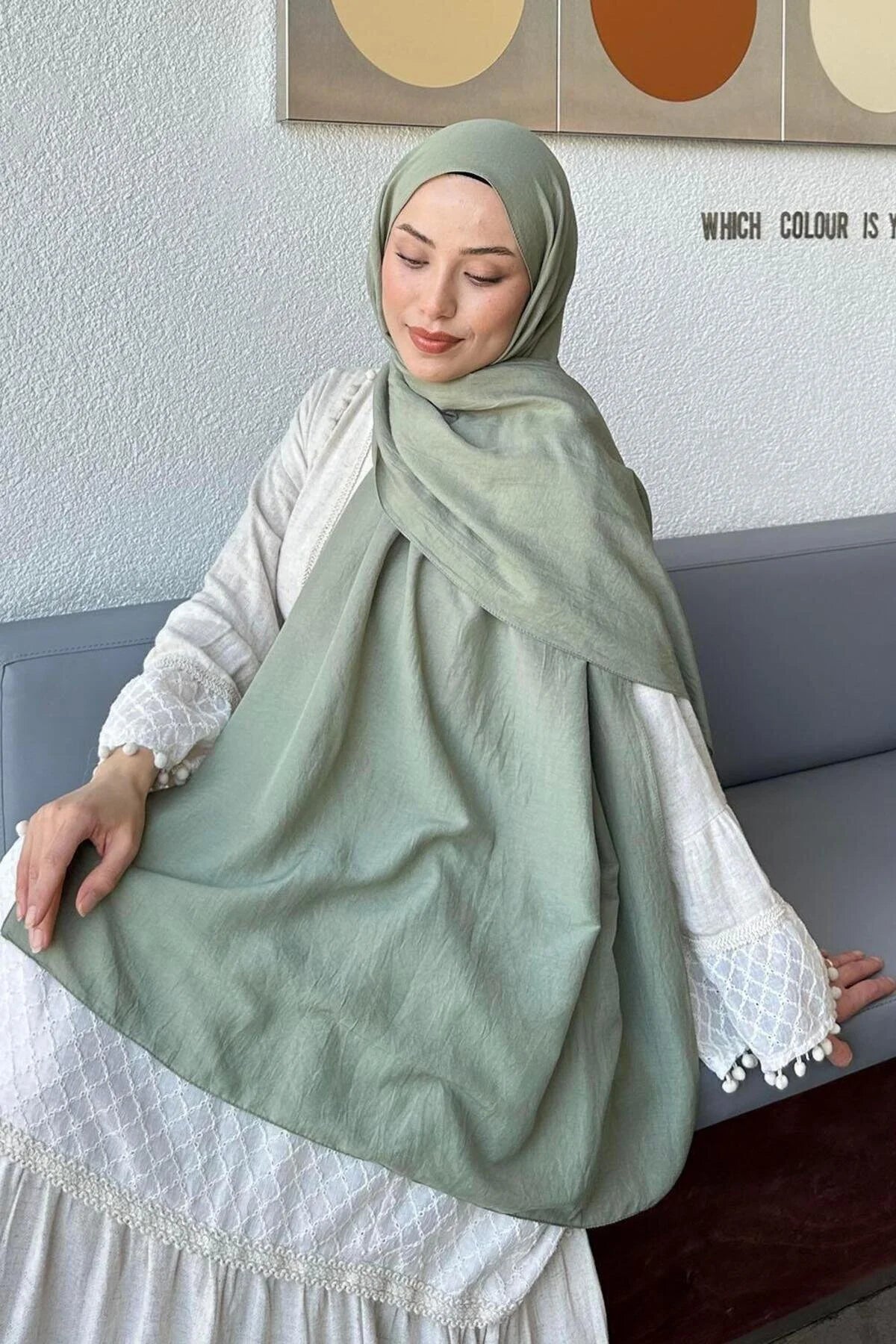 Sage Comfort Cotton Hijab styled with a white dress, showing the soft drape