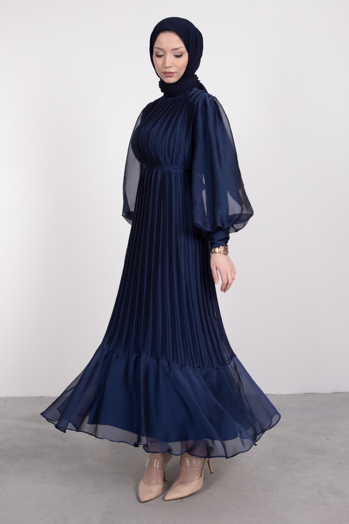 Elegant Pleated Lined Dress - Navy