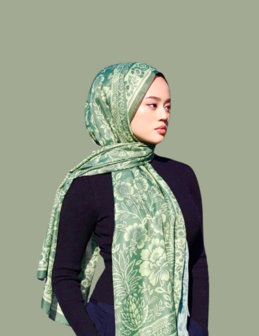 Floral Monochrome Print Hijab - Green