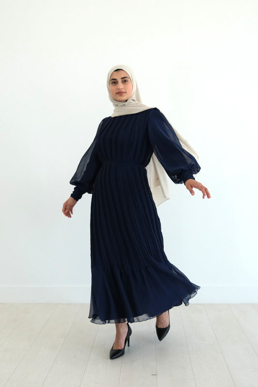 Elegant Pleated Lined Dress - Navy