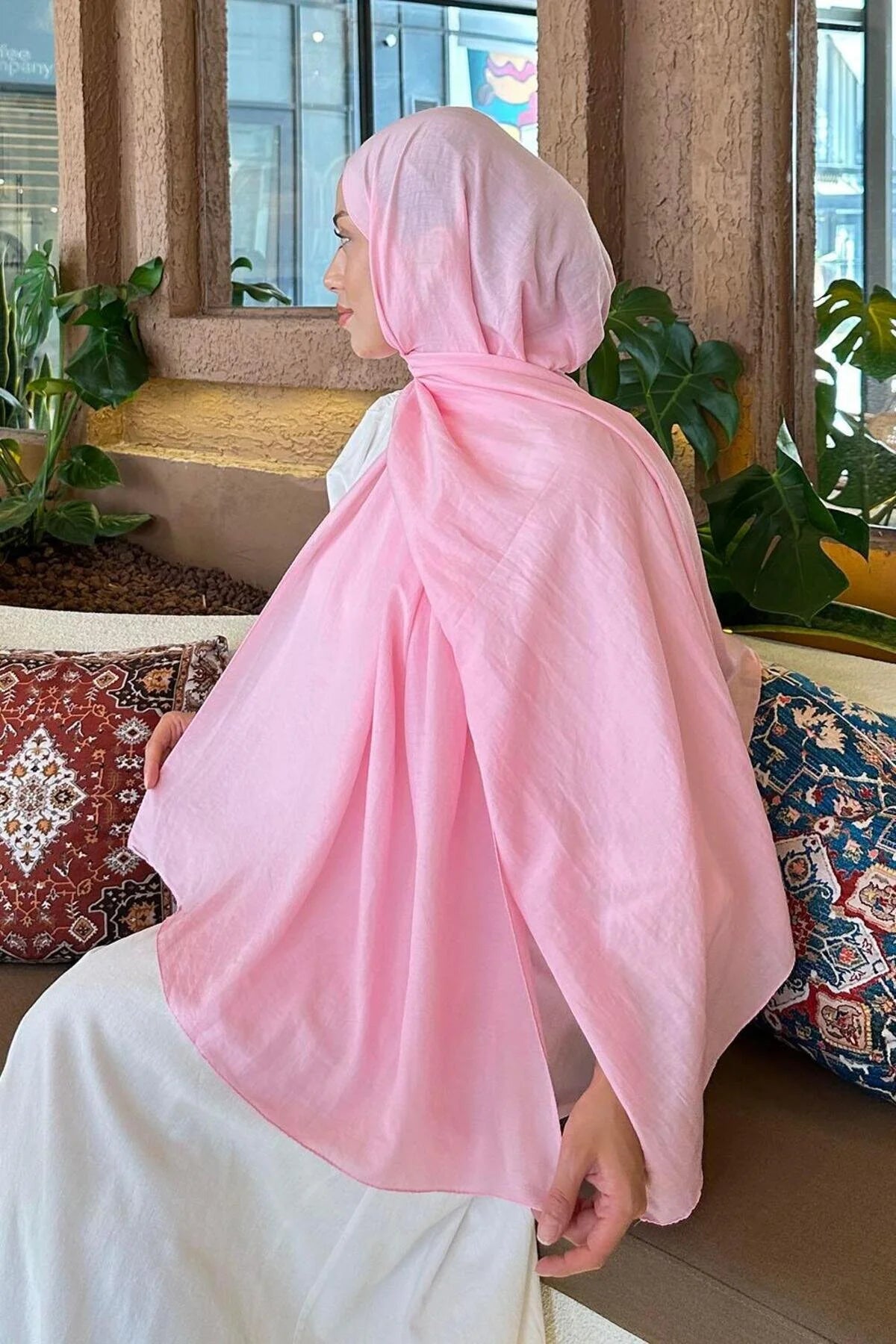 Back view of the pink Comfort Cotton Hijab with a long, flowing drape